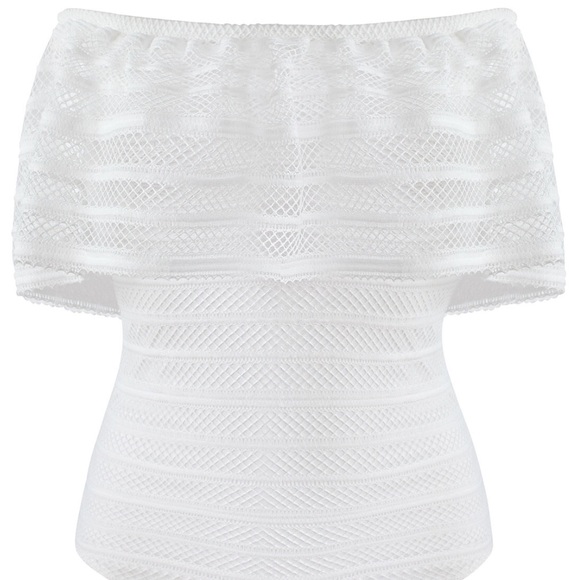 BCBGMAXAZRIA Ruffled Striped-Lace Bodysuit Off-The Shoulders White Size S NEW - Picture 4 of 5
